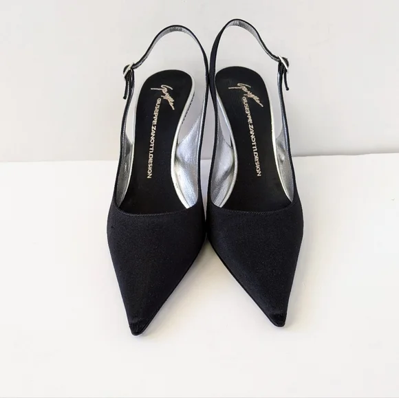 Giuseppe Zanotti Black Crystal Embellished Satin Slingback Pumps - Picture 11 of 16